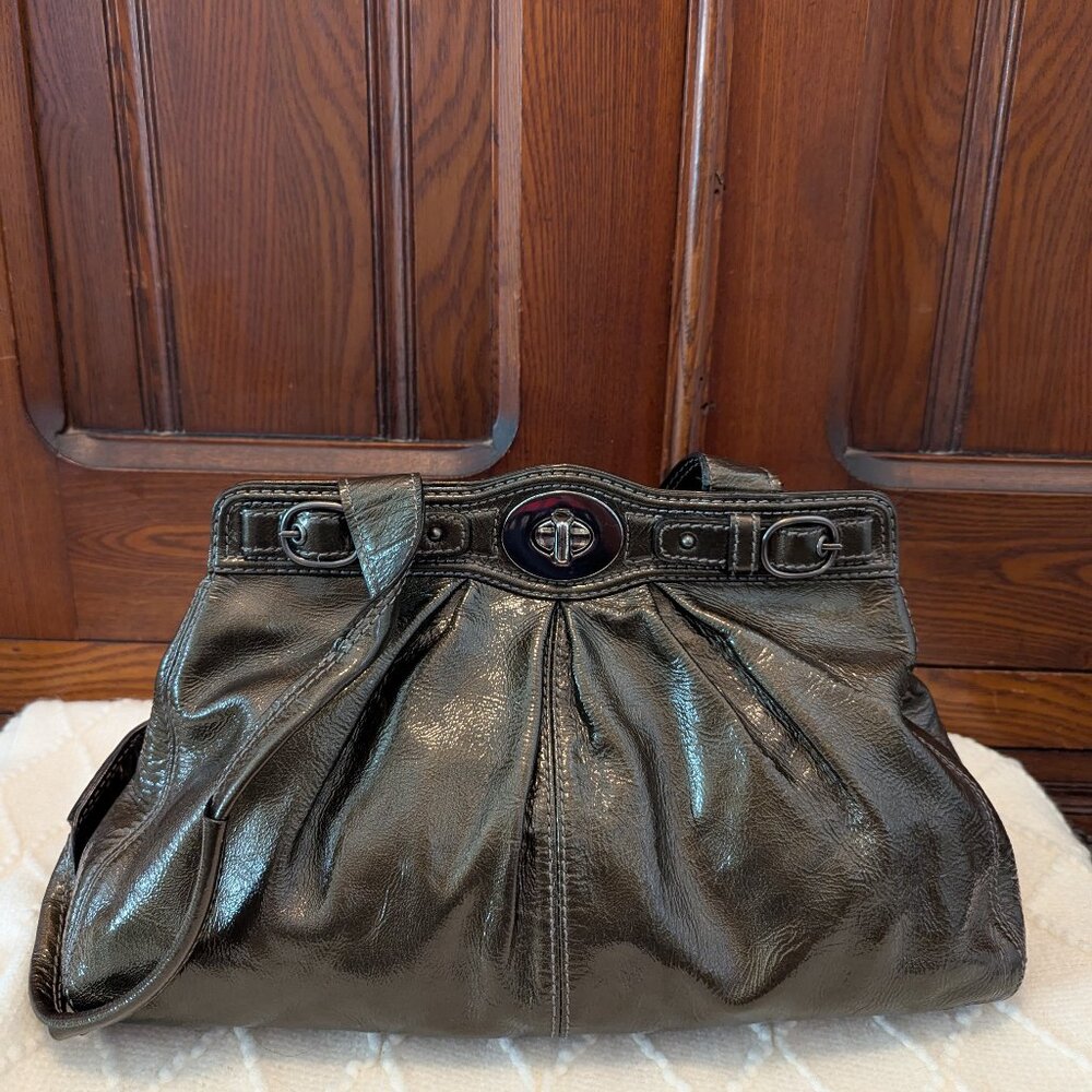 Coach Patent Leather Garnet Turnlock Satchel in Pewter (Style No. 13926)